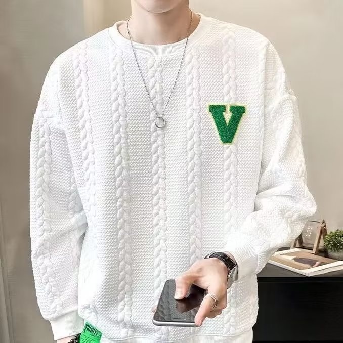 Sweat-shirt blanc pour homme, allure haut de gamme, style printanier, nouvelle tendance hiver 2024 à col rond, pièce automnale unique._voghion.com