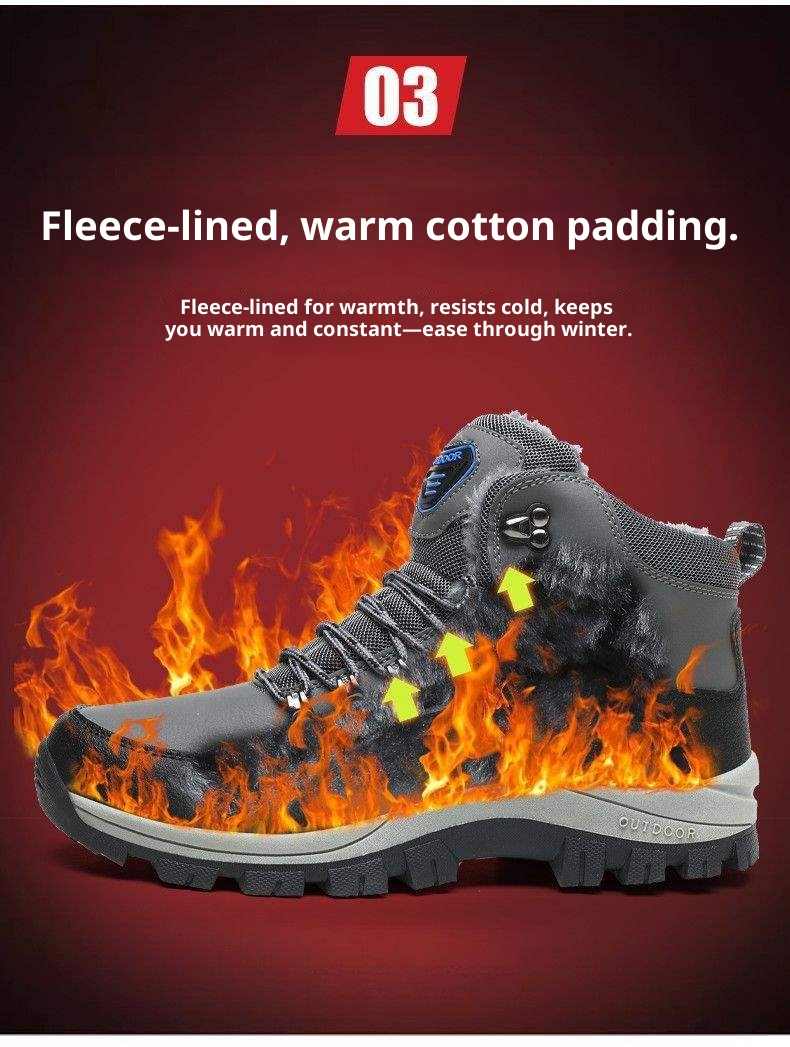 ShoeGlobe Winter Cotton Shoes With Fleece Lining, Warm Hiking Shoes, Men's Outdoor Waterproof Thickened High-top Non-slip_voghion.com