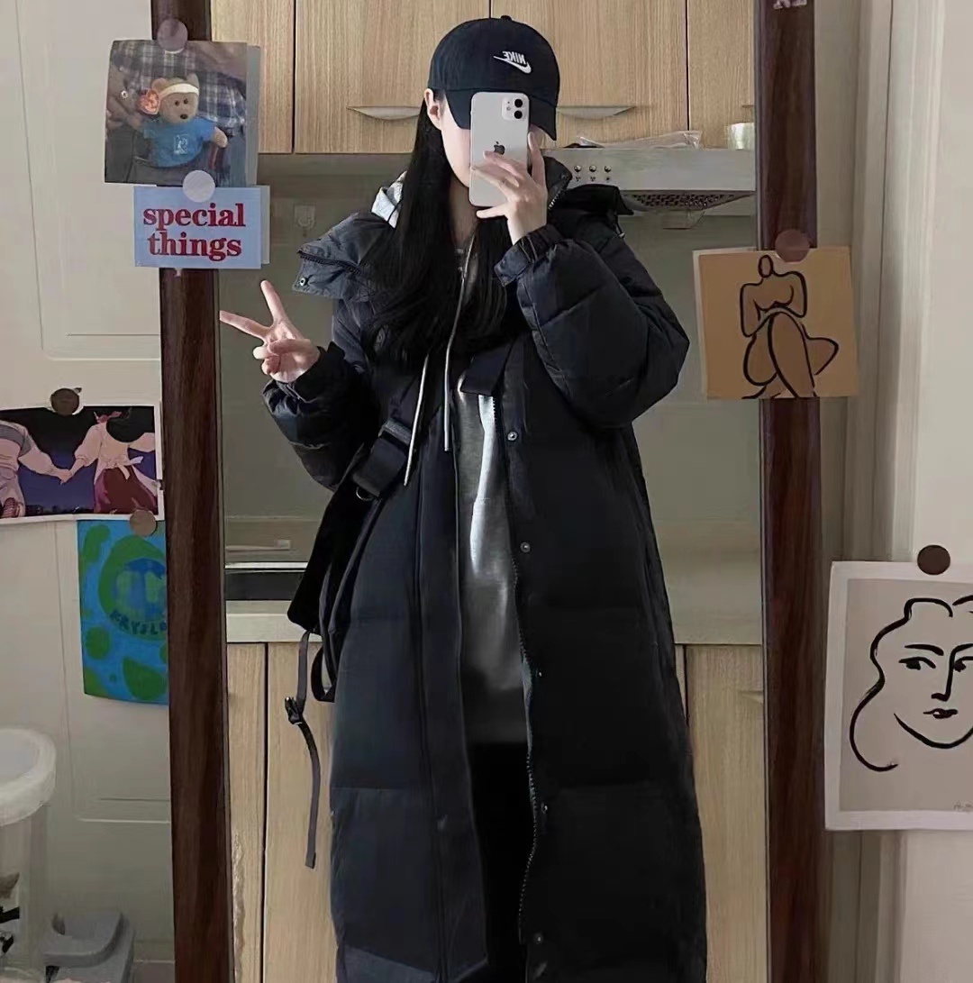 Doudoune ChicShe Zhongxi noire pour femme, extra longue, au-dessus du genou, épaisse, coupe ample, capuche amovible, nouveau modèle 2024._voghion.com