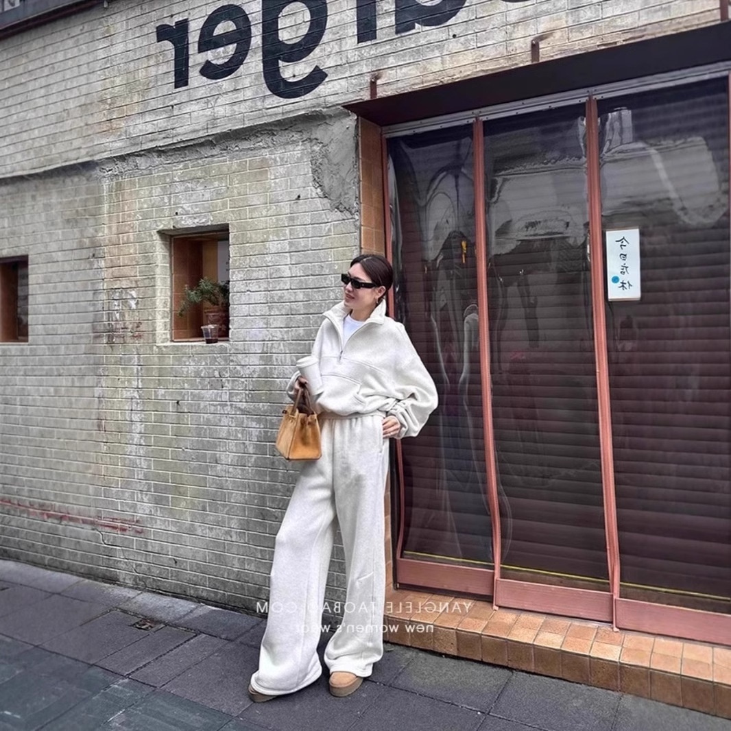 001 Casual sportpak voor dames, herfst/winter 2024 Nieuwe losse korte jas en wijde pijpen tweedelig set, rechte pijpen_voghion.com