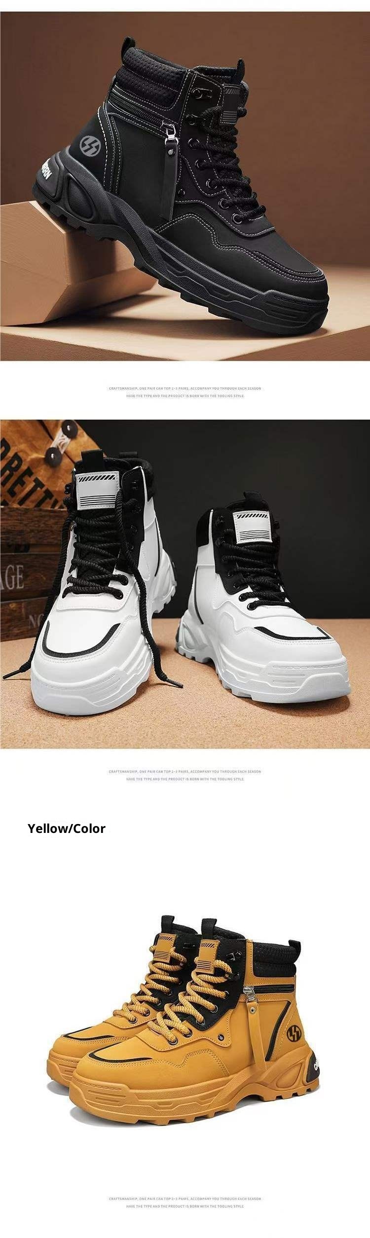 ShoeGlobe High-top Men's Autumn Casual Hiking Sports Non-slip Work Shoes Leather Waterproof Thick Sole Height-increasing White_voghion.com