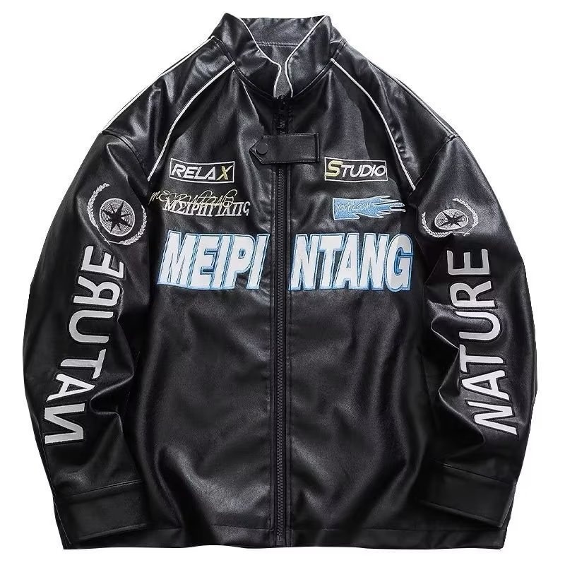 QFV507045555501<2 Veste bomber rétro américaine tendance en cuir PU pour homme, style baseball, printemps-automne._voghion.com