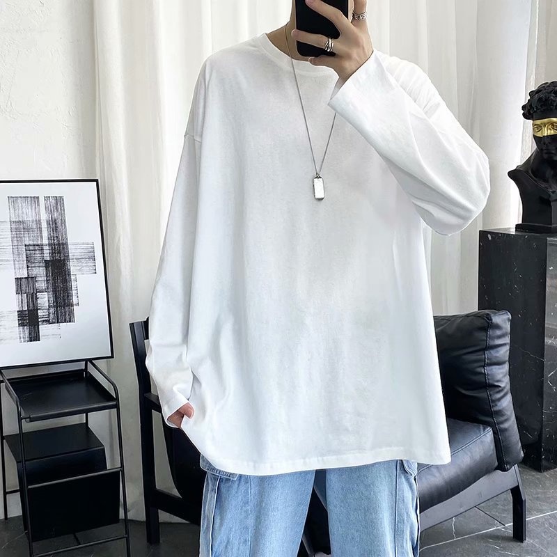 ragazzo Ragazzo Autunno Manica Lunga Per Uomo Vestibilità Larga Versatile Stile Hong Kong Trendy Marchio Tinta Unita Base Maglietta Top Pubblicità Vuota_voghion.com