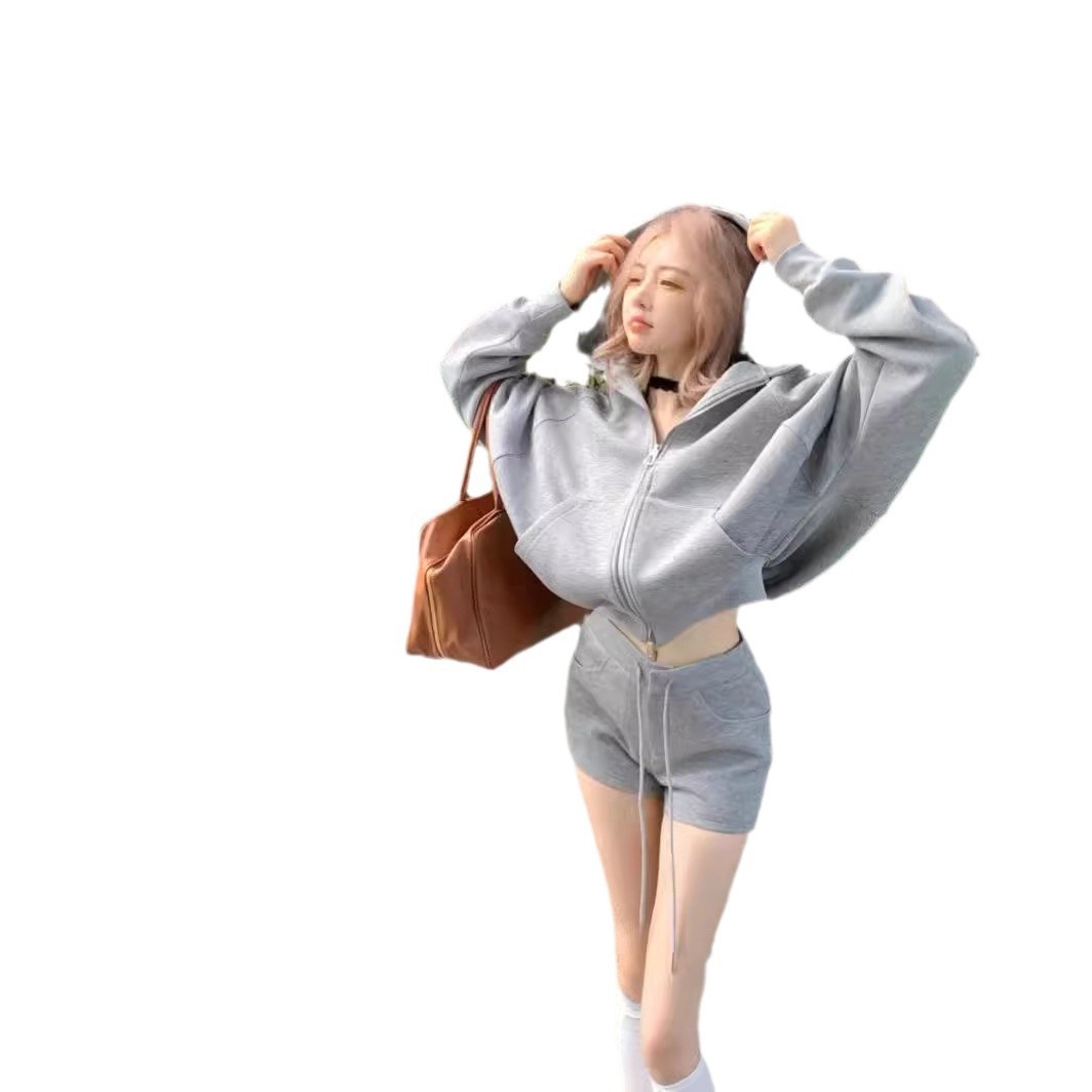 001 Casual Sports Lazy Hooded Loose Sweatshirt Jacket For Women Autumn Drawstring Straight Shorts Gray Two-Piece Set_voghion.com
