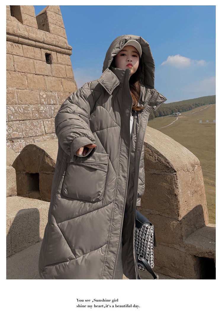 ChicShe Winter 2024 Neue Mode Lockere Plus Size Kapuzen-Daunenjacke aus Baumwolle für Damen, mittellang, knielang, dick gefüttert_voghion.com