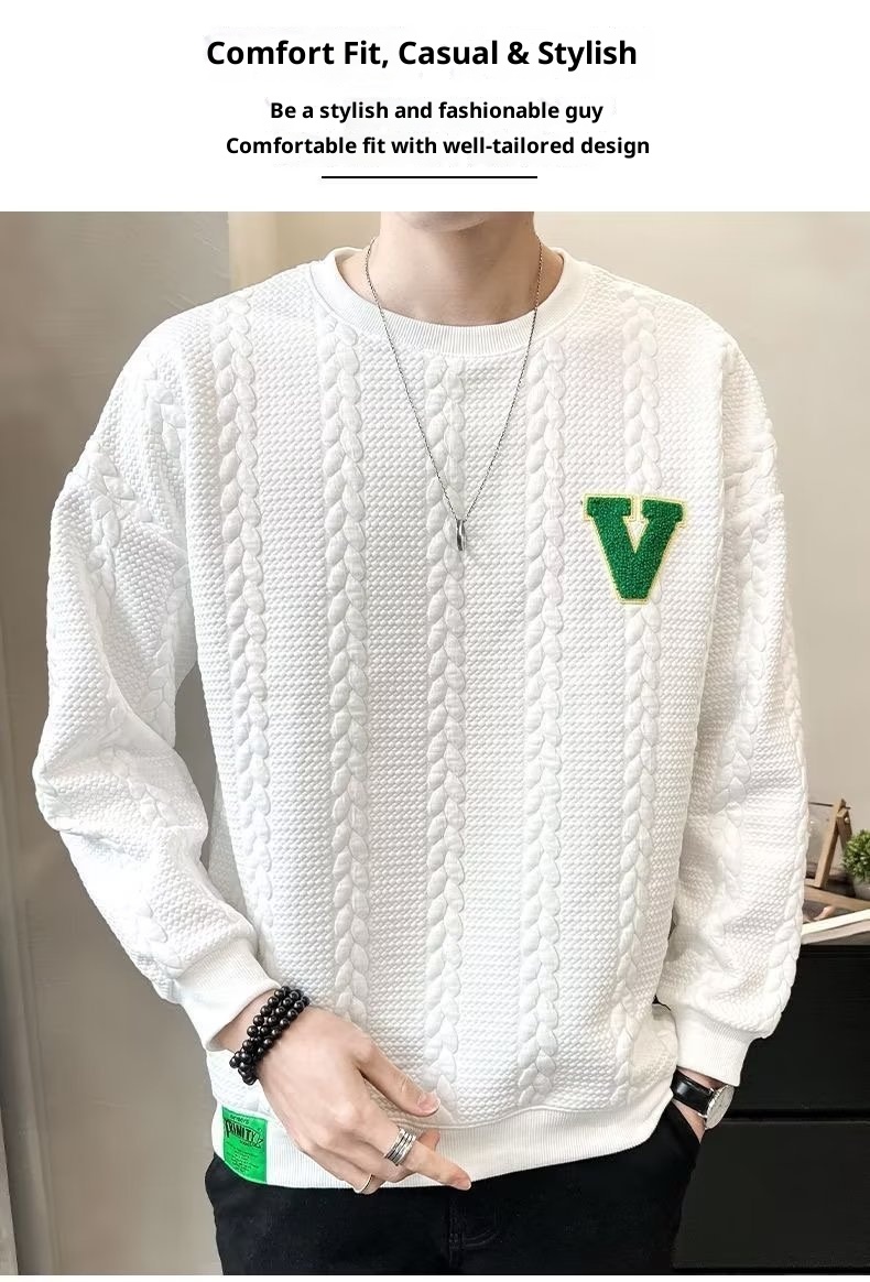 Sweat-shirt blanc pour homme, allure haut de gamme, style printanier, nouvelle tendance hiver 2024 à col rond, pièce automnale unique._voghion.com