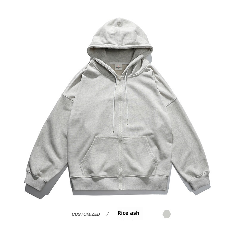 600g męska kurtka kardigan American Heavyweight Silver Fox Fleece, jesień-zima, pogrubiona i podszyta, jednolity kolor,_voghion.com