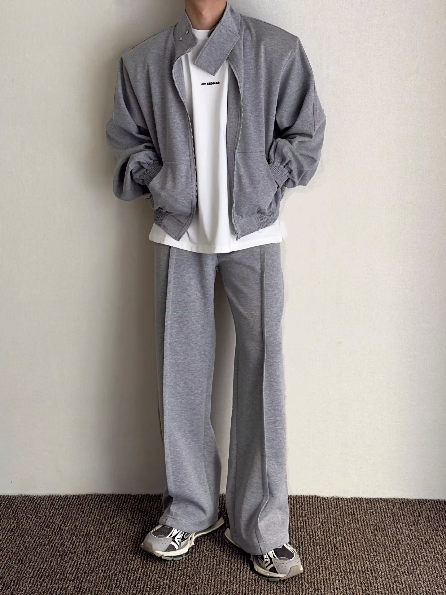 001 Felpa con collo alto, imbottita, stile casual, ampia, stile coreano, 2024, autunno, due pezzi, sportiva, tinta unita, alla moda_voghion.com