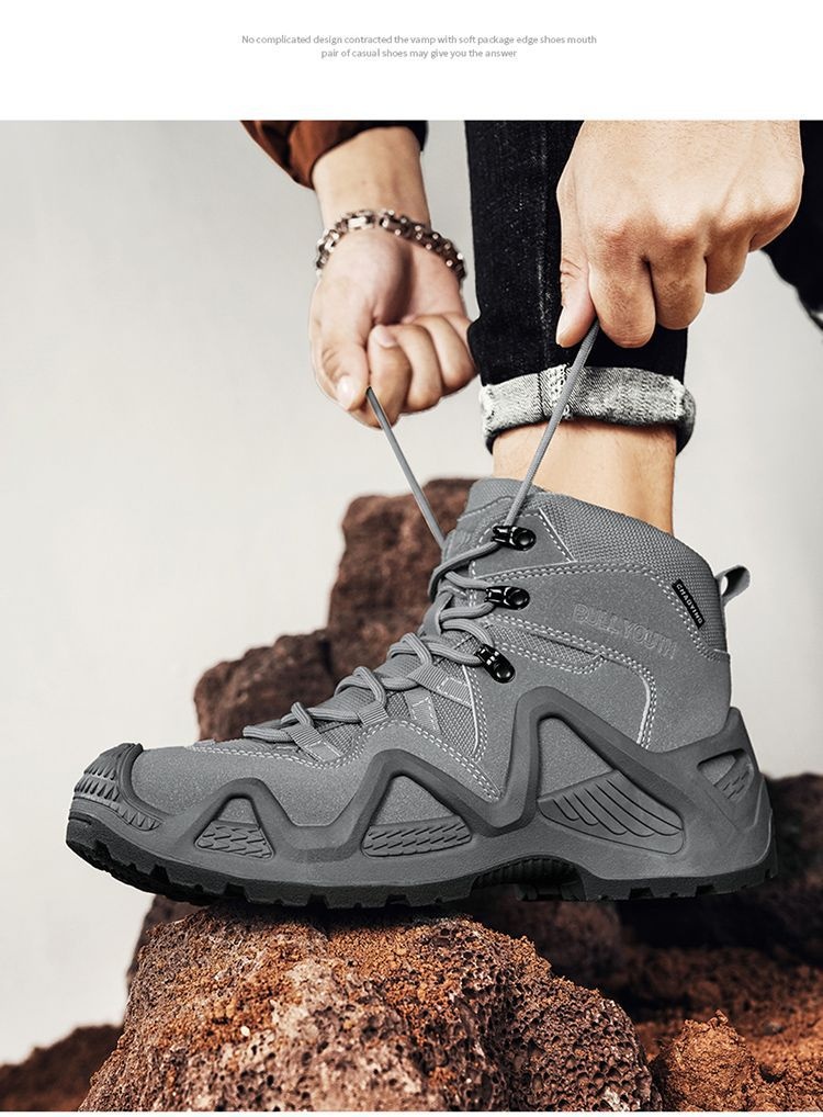 ShoeGlobe Outdoor Mid-Top Waterproof Hiking Sports Versatile Men's Combat Desert Boots Breathable Non-Slip Wear-Resistant_voghion.com