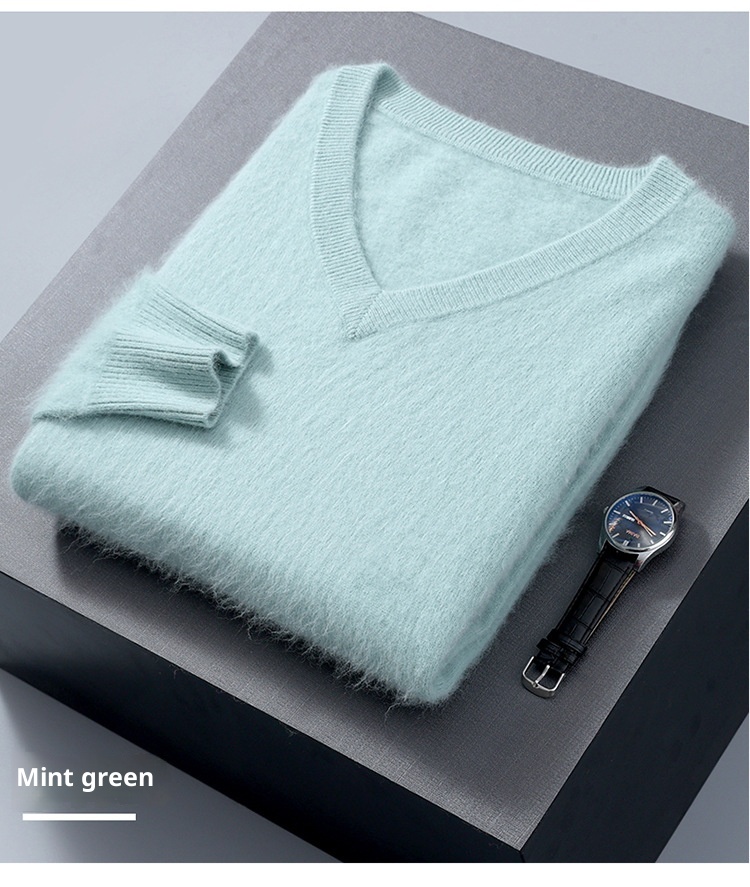 1 2023 Autumn Winter New Mink Men's V-Neck Loose Solid Color Pullover Wool Base Knitwear Cashmere Sweater_voghion.com