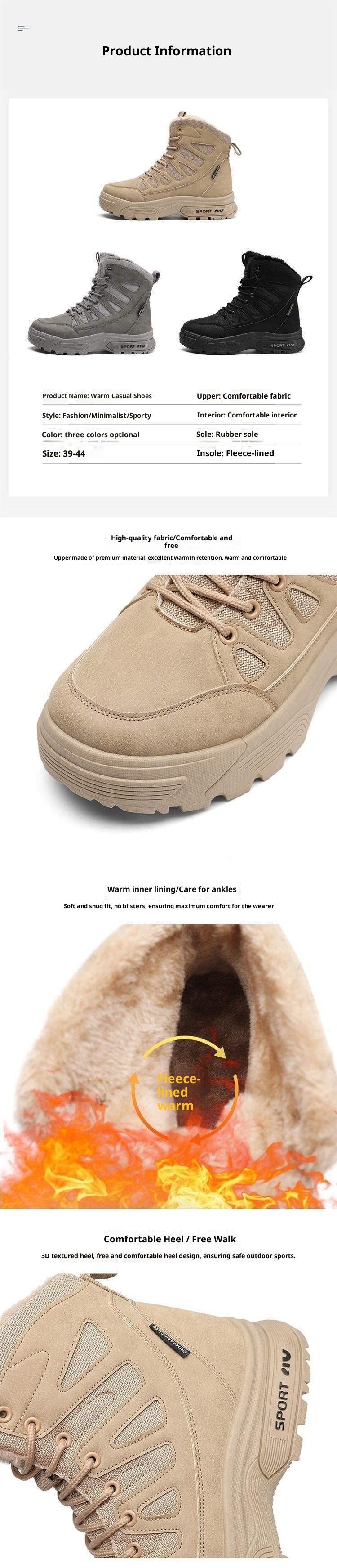 Bottes d'hiver ShoeGlobe imperméables en coton doublées polaire, chaudes et épaisses, pour la neige, le travail, la randonnée et l'entraînement. Semelle épaisse antidérapante. Idéales pour le travail, la randonnée et l'entraînement._voghion.com