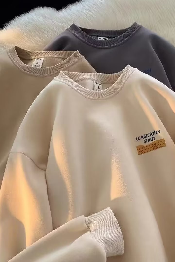 boy Boy 2024 American Style Cool Retro Heavyweight Crew Neck Sweatshirt For Men Autumn Winter Fleece Loose Trendy Brand Handsome_voghion.com