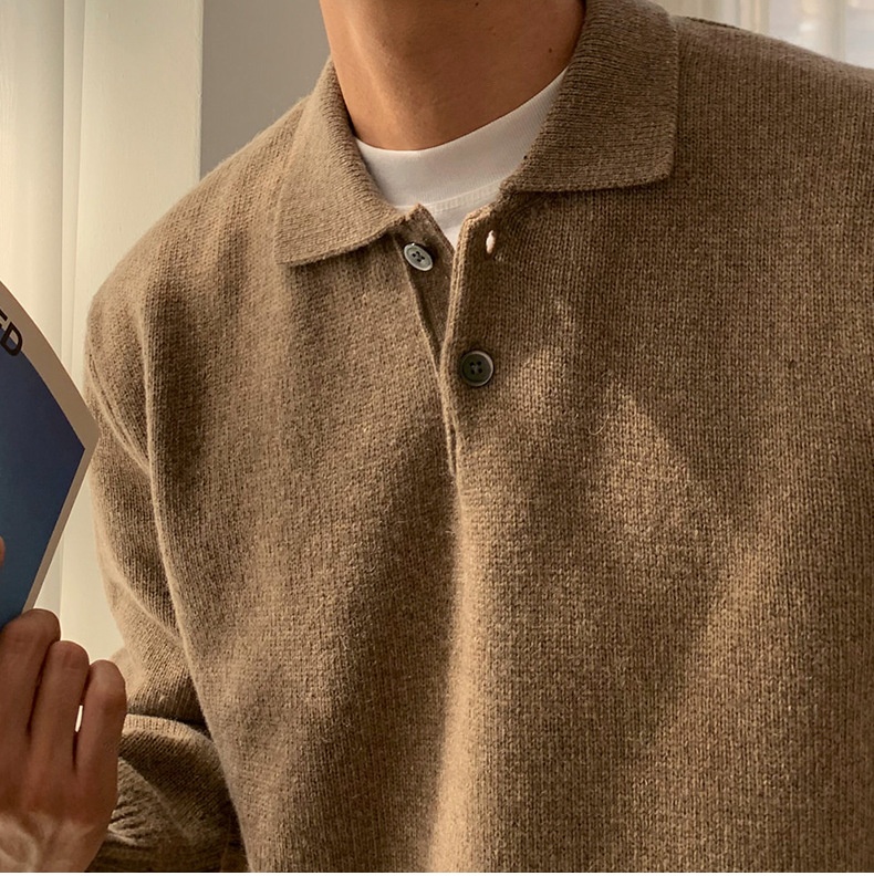 1 maglione da uomo in maglia stile Hong Kong, versatile, casual, coreano, tinta unita, con colletto polo autunnale_voghion.com