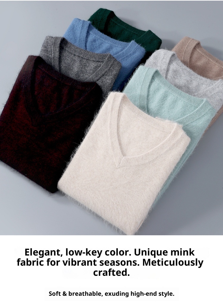 1 2023 Autumn Winter New Mink Men's V-Neck Loose Solid Color Pullover Wool Base Knitwear Cashmere Sweater_voghion.com