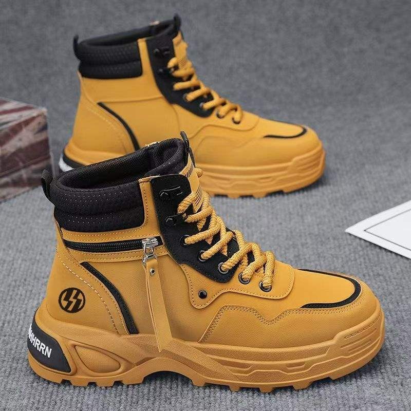 ShoeGlobe High-top Men's Autumn Casual Hiking Sports Non-slip Work Shoes Leather Waterproof Thick Sole Height-increasing White_voghion.com