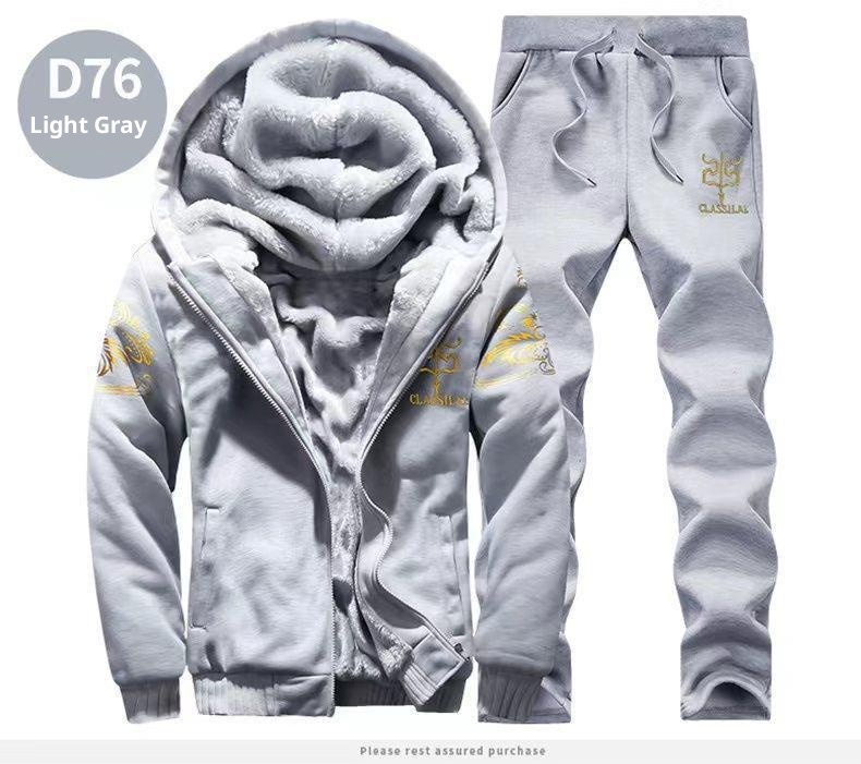 001 Cross-Border Plus Size 2023 Winter Fleece-Lined Thickened Men's Casual Sports Two-Piece Set Youth Korean Version Hooded_voghion.com