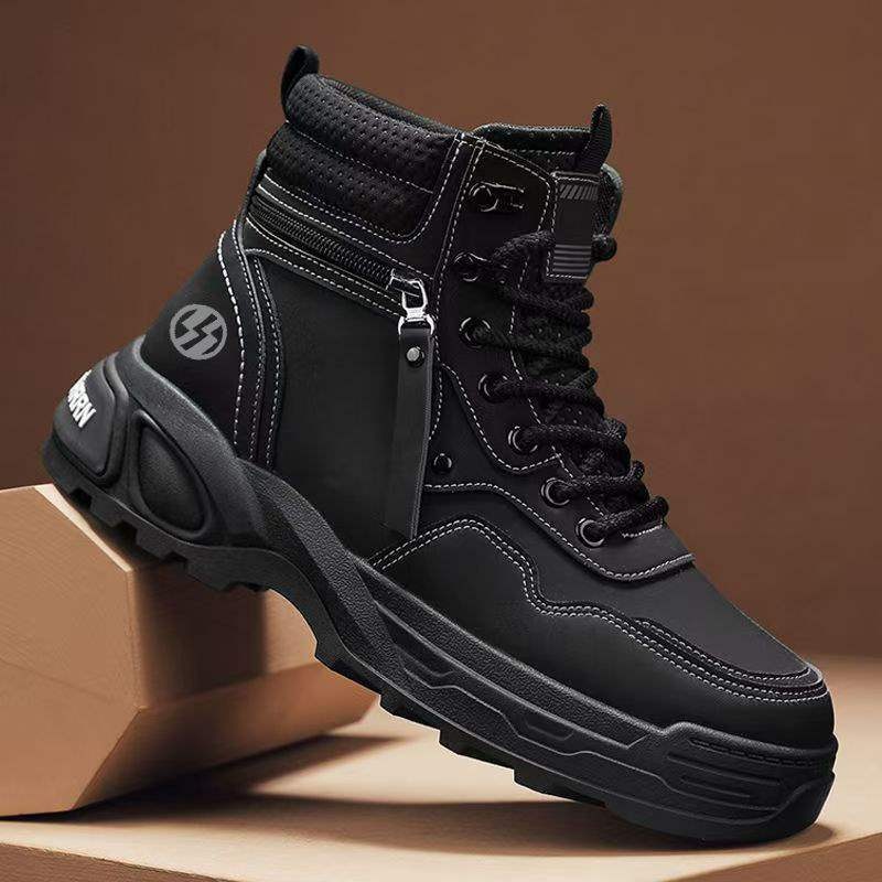 ShoeGlobe High-top Men's Autumn Casual Hiking Sports Non-slip Work Shoes Leather Waterproof Thick Sole Height-increasing White_voghion.com