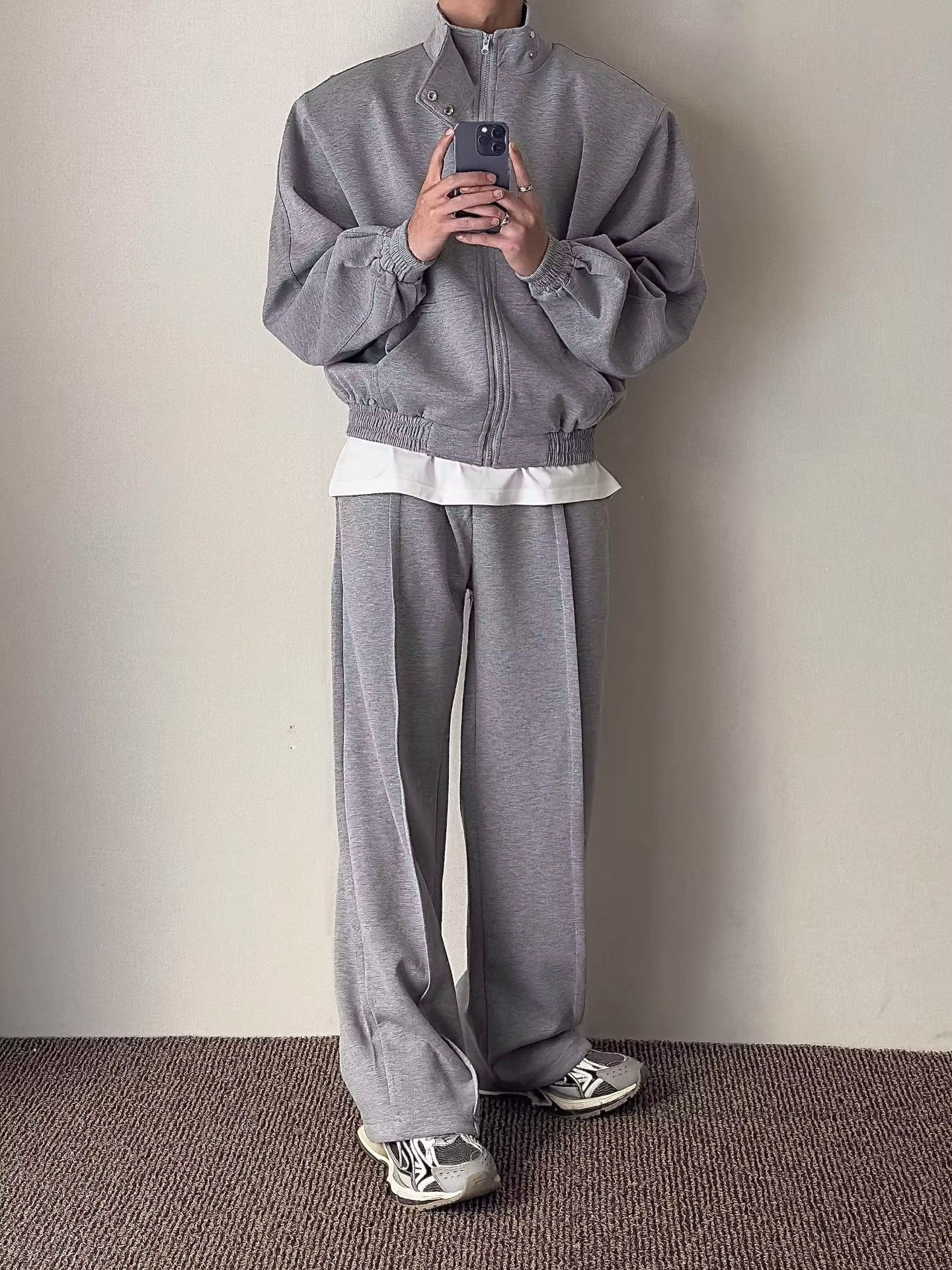 001 Felpa con collo alto, imbottita, stile casual, ampia, stile coreano, 2024, autunno, due pezzi, sportiva, tinta unita, alla moda_voghion.com