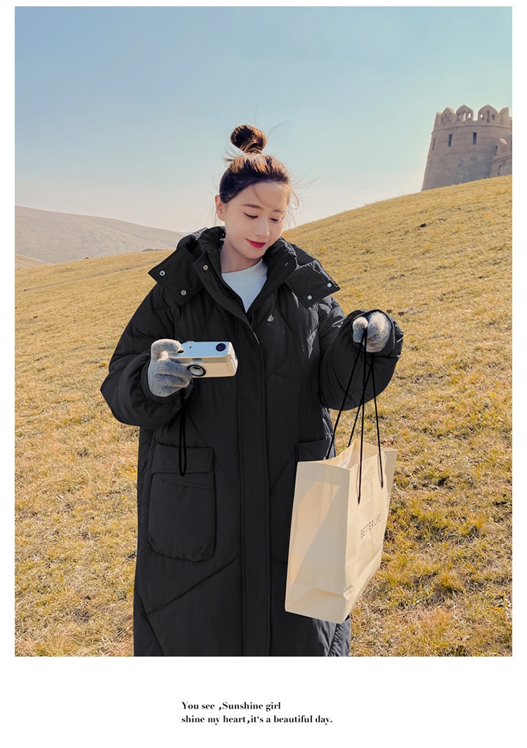 ChicShe Winter 2024 Neue Mode Lockere Plus Size Kapuzen-Daunenjacke aus Baumwolle für Damen, mittellang, knielang, dick gefüttert_voghion.com