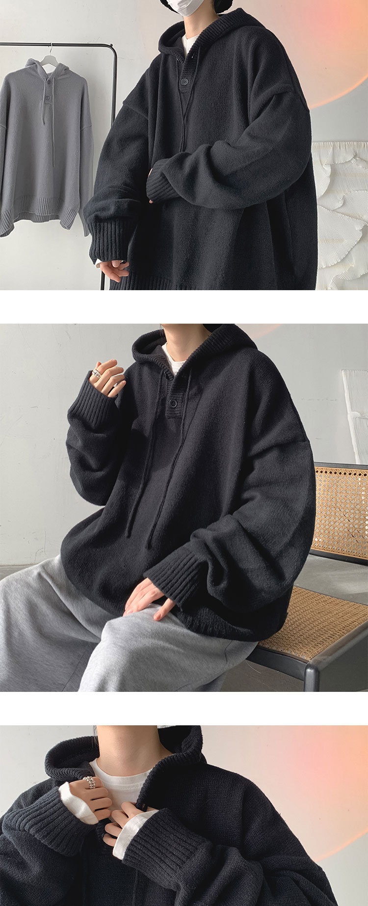 1 Hooded Turtleneck Sweater Men, Loose Fit, Lazy Style, Autumn And Winter, Japanese Retro Thick Knitted Cardigan For_voghion.com