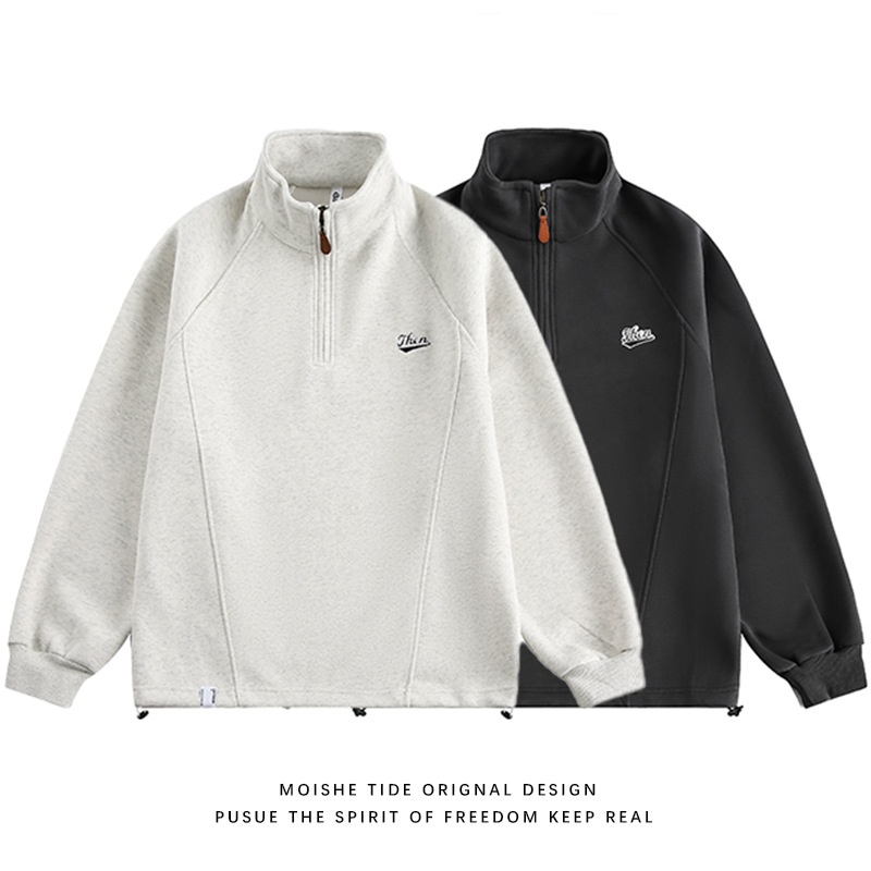 boy Boy Youth Heavy Loose Casual Sweatshirt American Style Trendy Oversize Embroidered Stand Collar Half-Zip Sports Top_voghion.com