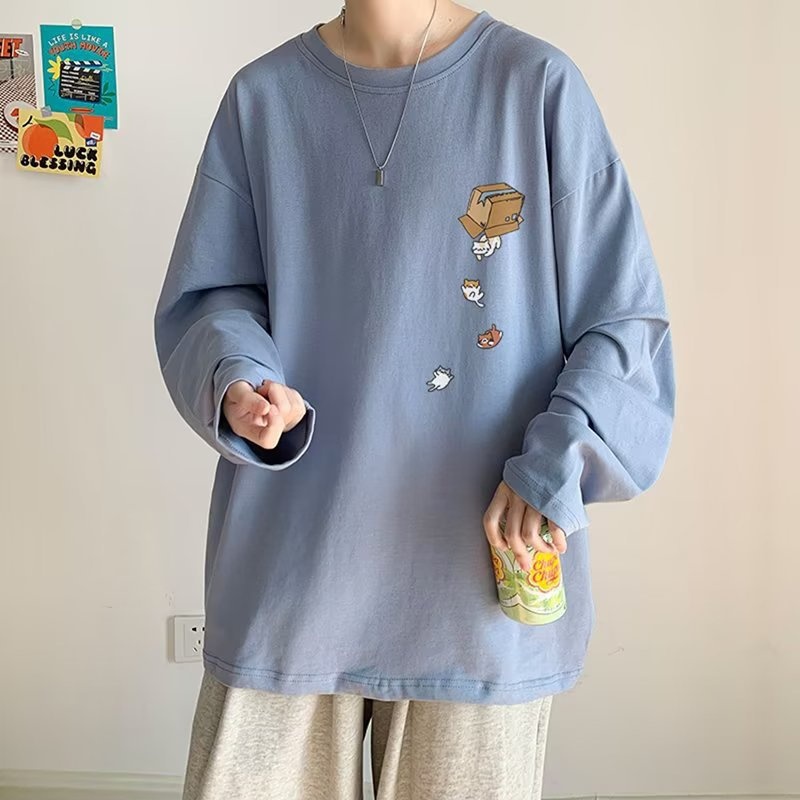 boy Boy Printed Versatile Long Sleeve T-Shirt For Men 2024 Spring And Autumn Trendy Brand Loose Fit Youth Casual Base Shirt Tee_voghion.com