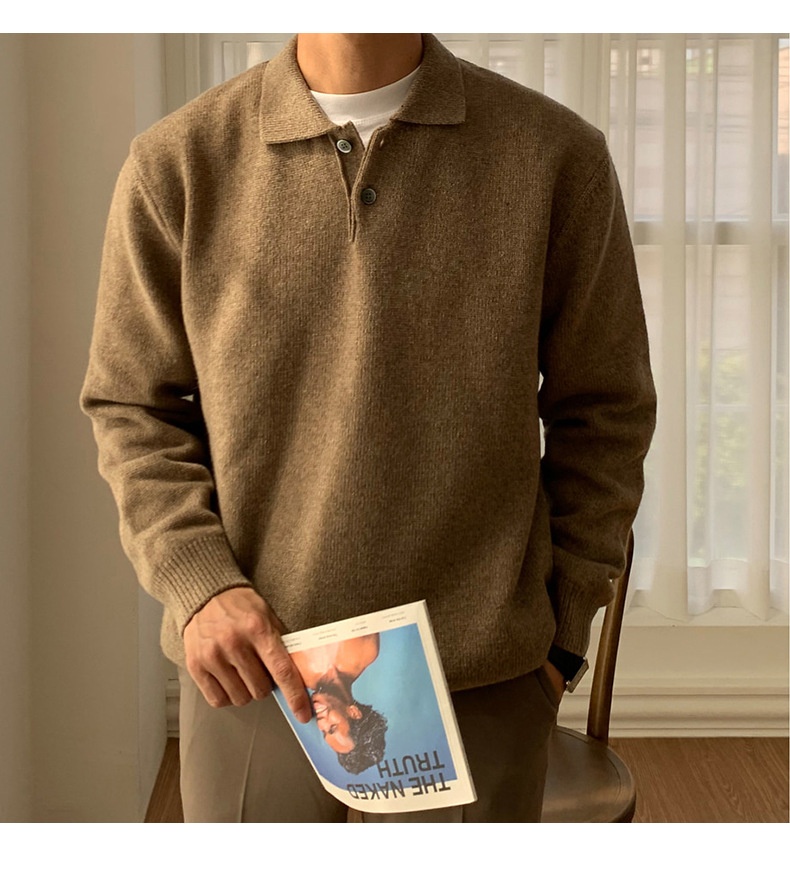 1 maglione da uomo in maglia stile Hong Kong, versatile, casual, coreano, tinta unita, con colletto polo autunnale_voghion.com