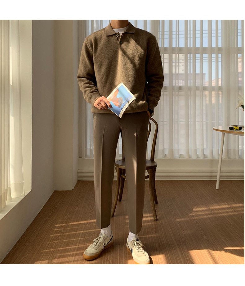 1 maglione da uomo in maglia stile Hong Kong, versatile, casual, coreano, tinta unita, con colletto polo autunnale_voghion.com