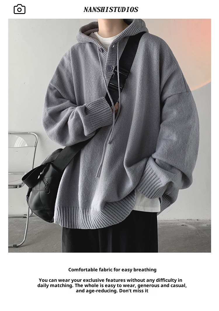 1 Hooded Turtleneck Sweater Men, Loose Fit, Lazy Style, Autumn And Winter, Japanese Retro Thick Knitted Cardigan For_voghion.com