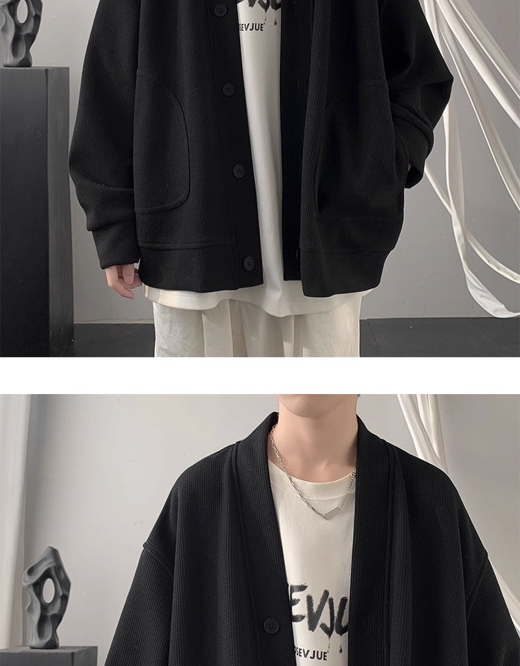 Jungen-Cardigan für Frühling und Herbst, schwere Ausführung, V-Ausschnitt, Waffelpiqué, locker geschnitten, trendige Marke, vielseitiger amerikanischer Stil_voghion.com