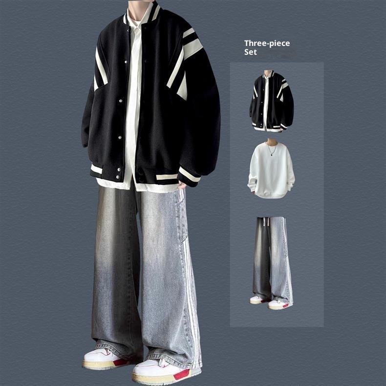 001 Giacca da baseball da uomo in stile pilota americano, alla moda, stile High Street, per ragazzi, primavera e autunno, set da tre pezzi_voghion.com