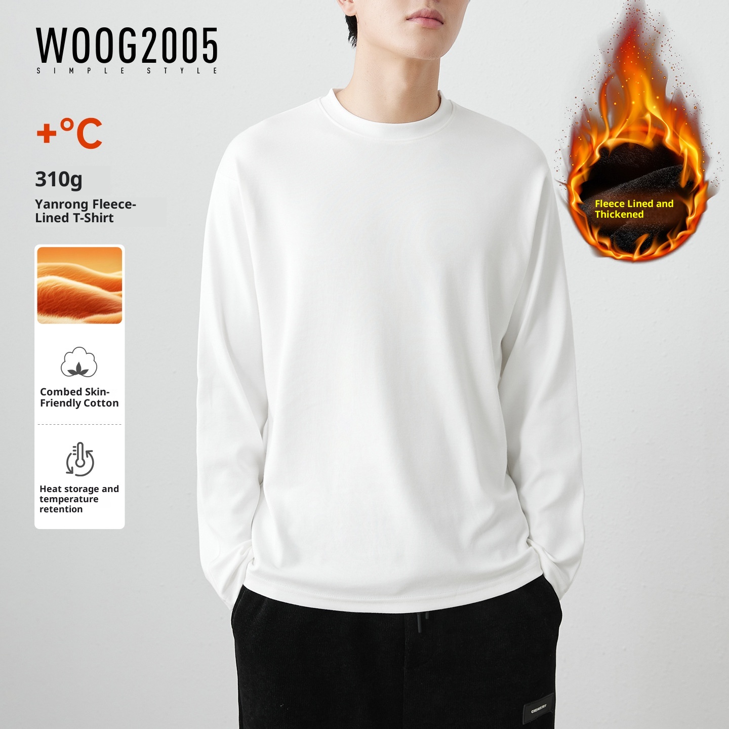 Herren-Langarmshirt aus 310 g gekämmter, hautfreundlicher, weißer, dicker Baumwolle (Frühling/Herbst 2025), einfarbig_voghion.com