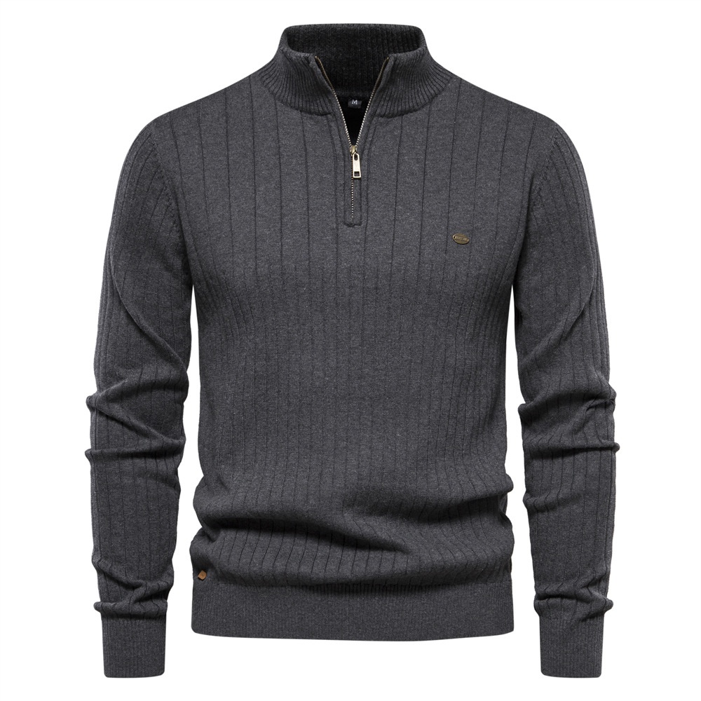 1 Autumn Winter New European Size Cross-Border Stand Collar Men's Half-Zip Solid Color Knitted High-Quality Export Sweater_voghion.com