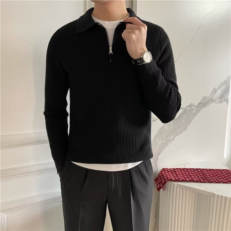 1 Design Sense Turn-down Collar Knitted Men Polo Half Zipper 22 Autumn Winter New Korean Version Loose Heavyweight Sweater_voghion.com