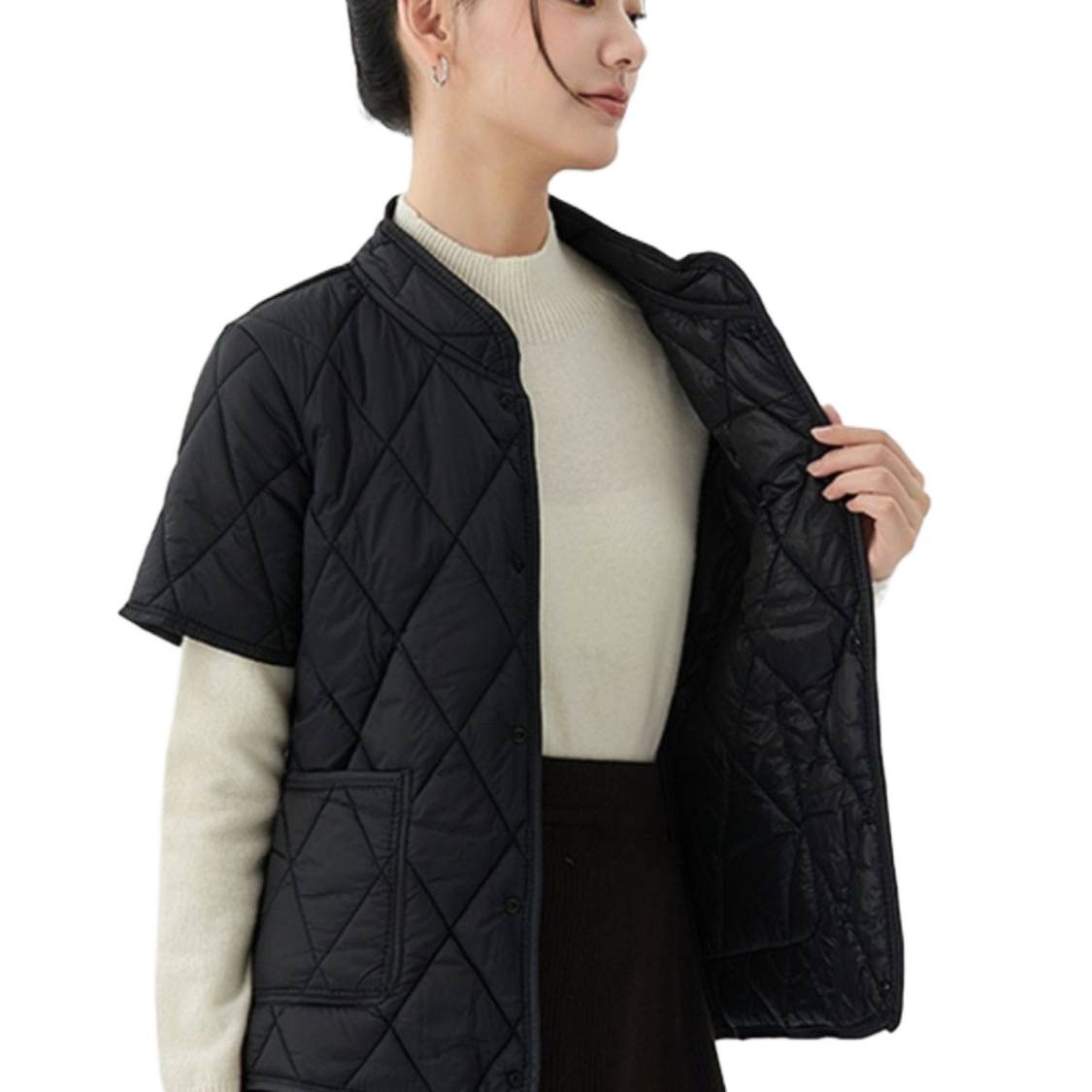 ChicShe Women's Short Jacket Lightweight Coat Autumn Winter Warm Clothing Mid-Sleeve Base Layer Down Cotton Liner Inner Wear_voghion.com