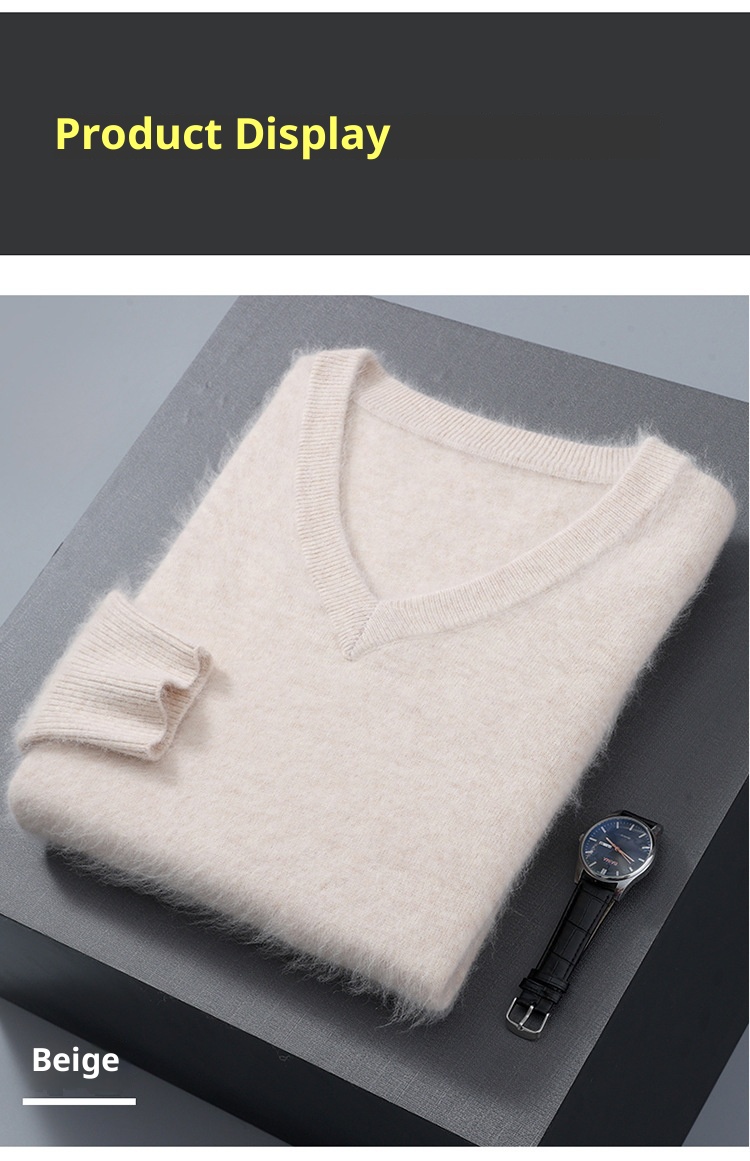 1 2023 Autumn Winter New Mink Men's V-Neck Loose Solid Color Pullover Wool Base Knitwear Cashmere Sweater_voghion.com