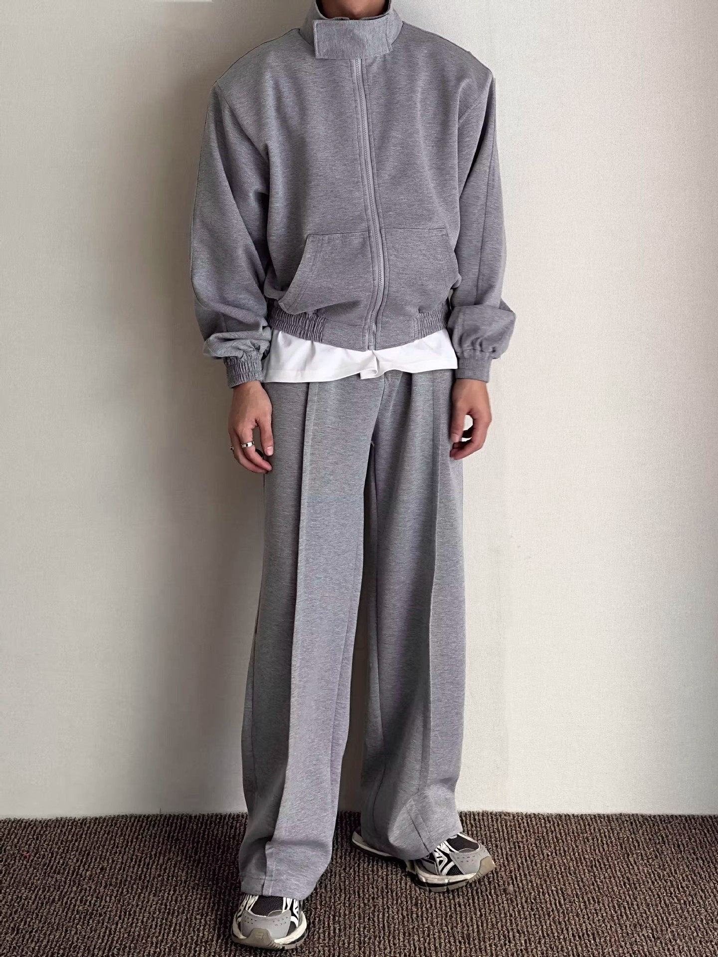 001 Felpa con collo alto, imbottita, stile casual, ampia, stile coreano, 2024, autunno, due pezzi, sportiva, tinta unita, alla moda_voghion.com