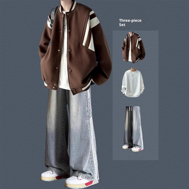 001 Giacca da baseball da uomo in stile pilota americano, alla moda, stile High Street, per ragazzi, primavera e autunno, set da tre pezzi_voghion.com