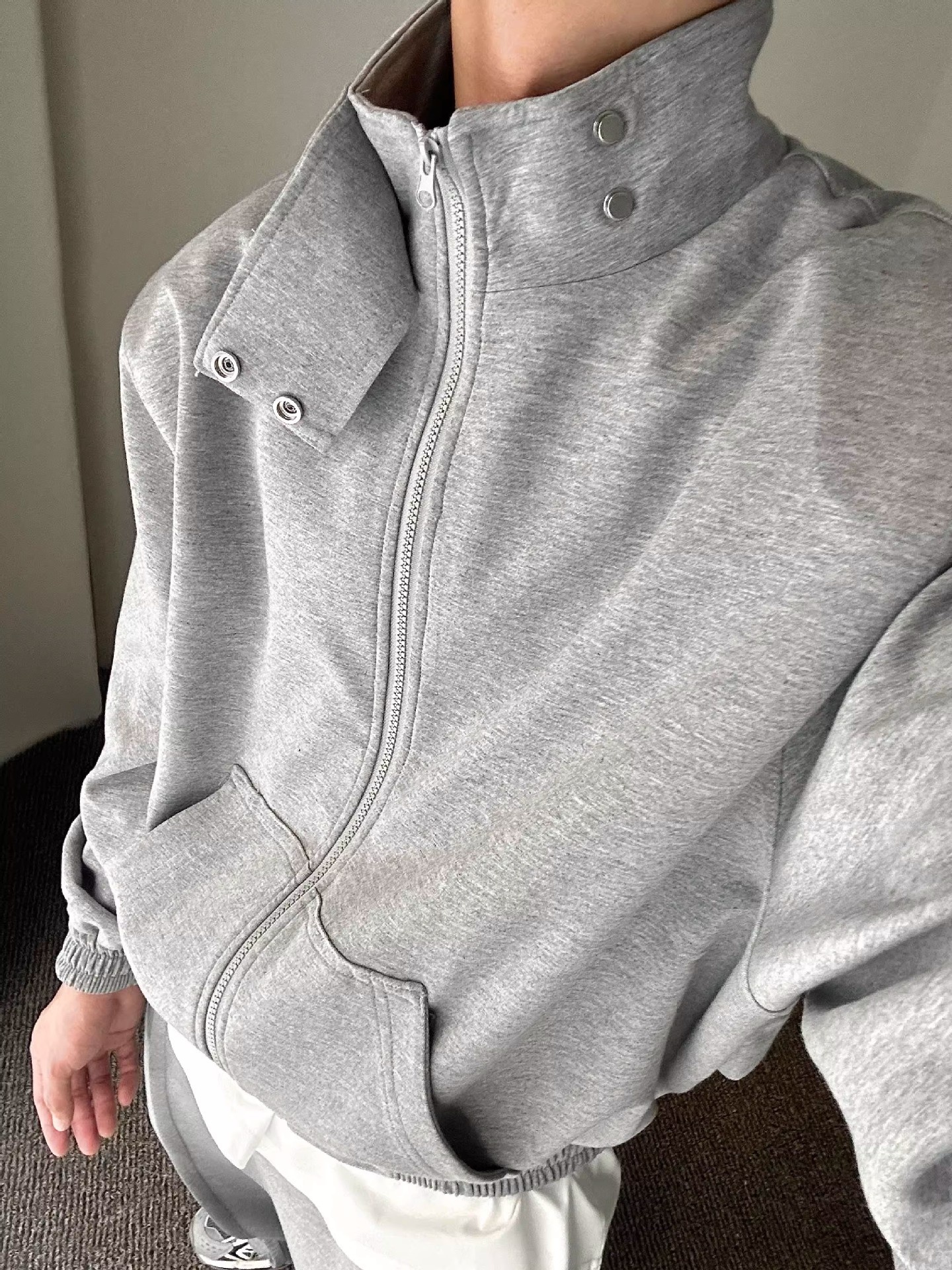 001 Felpa con collo alto, imbottita, stile casual, ampia, stile coreano, 2024, autunno, due pezzi, sportiva, tinta unita, alla moda_voghion.com