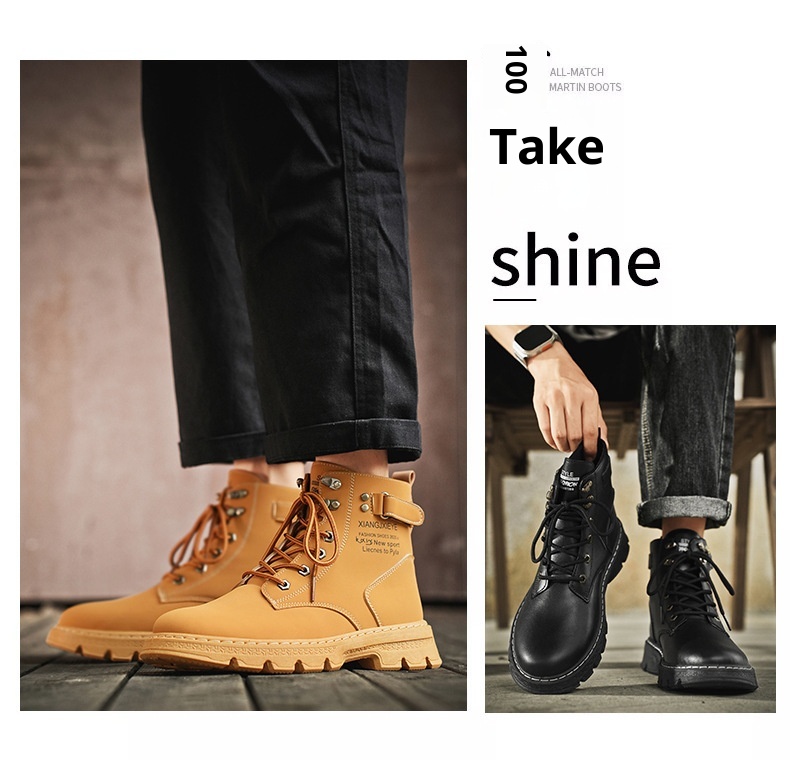 ShoeGlobe Herren Herbst/Winter Neue Mode Outdoor High-Top Martin Jugend Trend Dicksohle Gelbe Wanderschuhe Arbeitsschuhe_voghion.com