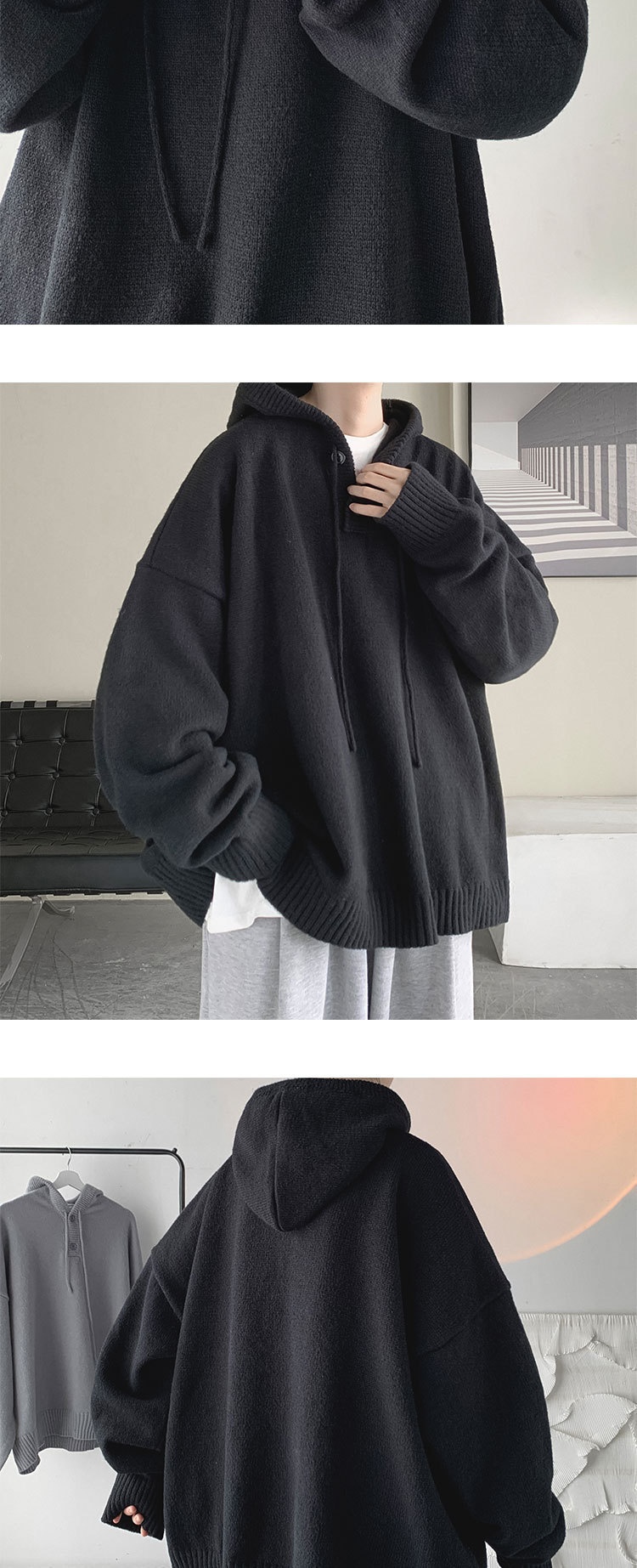 1 Hooded Turtleneck Sweater Men, Loose Fit, Lazy Style, Autumn And Winter, Japanese Retro Thick Knitted Cardigan For_voghion.com
