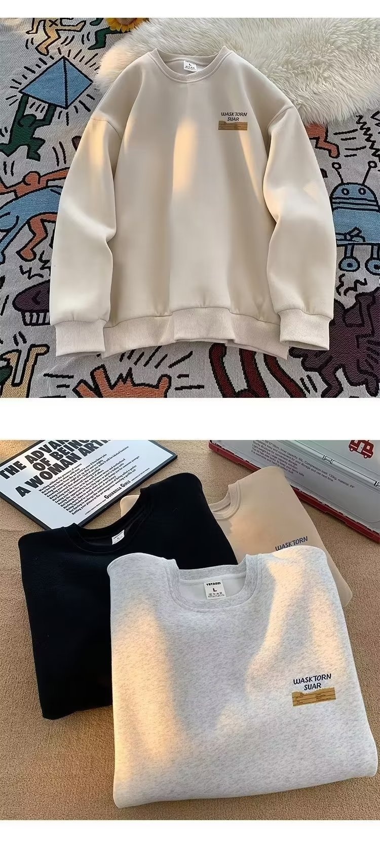 boy Boy 2024 American Style Cool Retro Heavyweight Crew Neck Sweatshirt For Men Autumn Winter Fleece Loose Trendy Brand Handsome_voghion.com