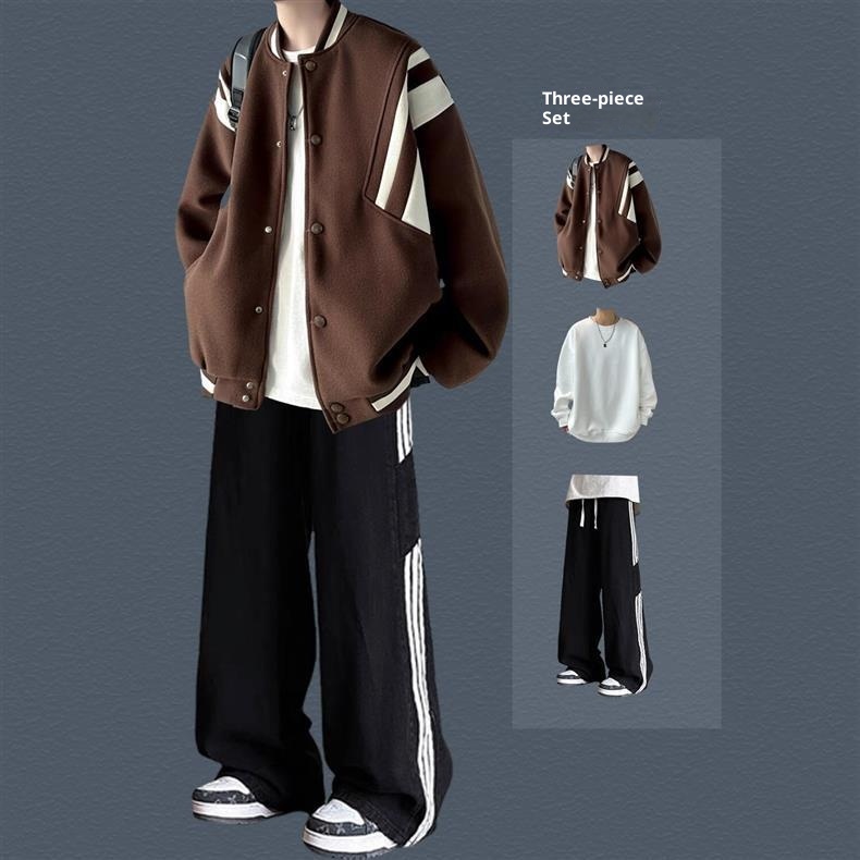 001 Giacca da baseball da uomo in stile pilota americano, alla moda, stile High Street, per ragazzi, primavera e autunno, set da tre pezzi_voghion.com