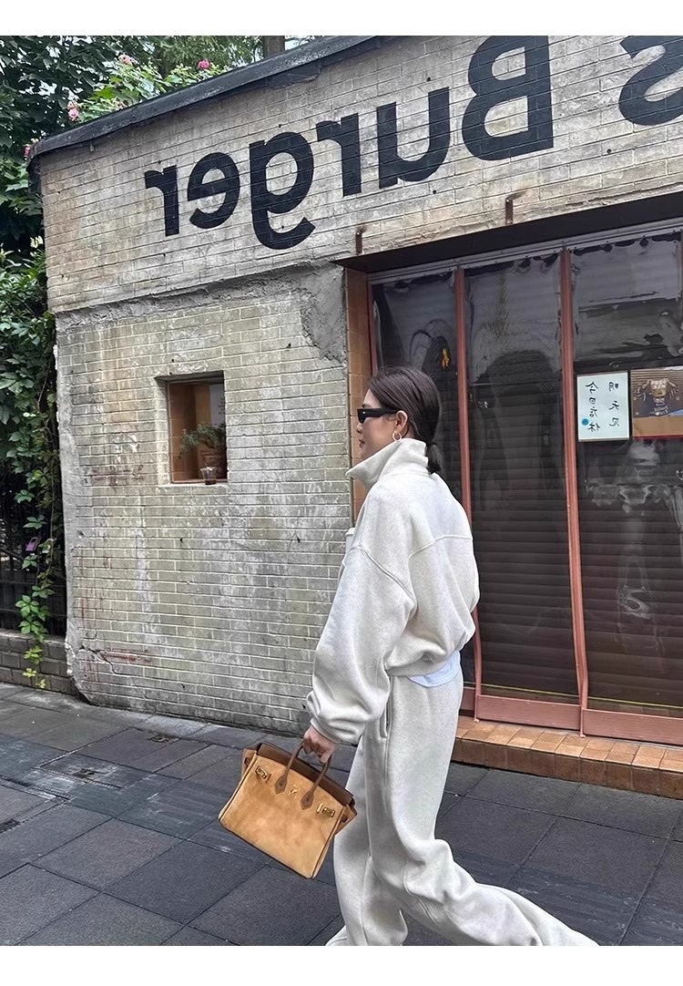 001 Casual sportpak voor dames, herfst/winter 2024 Nieuwe losse korte jas en wijde pijpen tweedelig set, rechte pijpen_voghion.com