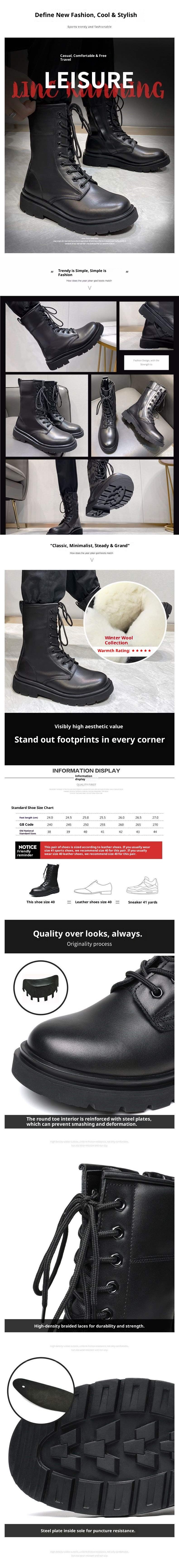 Chaussures montantes de randonnée en cuir ShoeGlobe pour hommes, style Martin, imperméables et noires, avec fermeture éclair, style Martin. Bottes de travail et de neige pour hommes._voghion.com