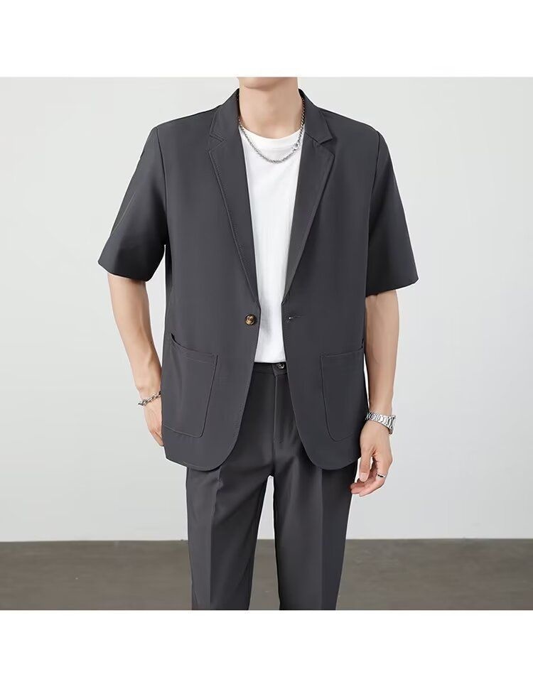 ragazzo Xia Pi Shuai Ice Silk Sottile Corto Uomo Moda Completo Due Pezzi Set Manica Cinque Quarti Casual_voghion.com