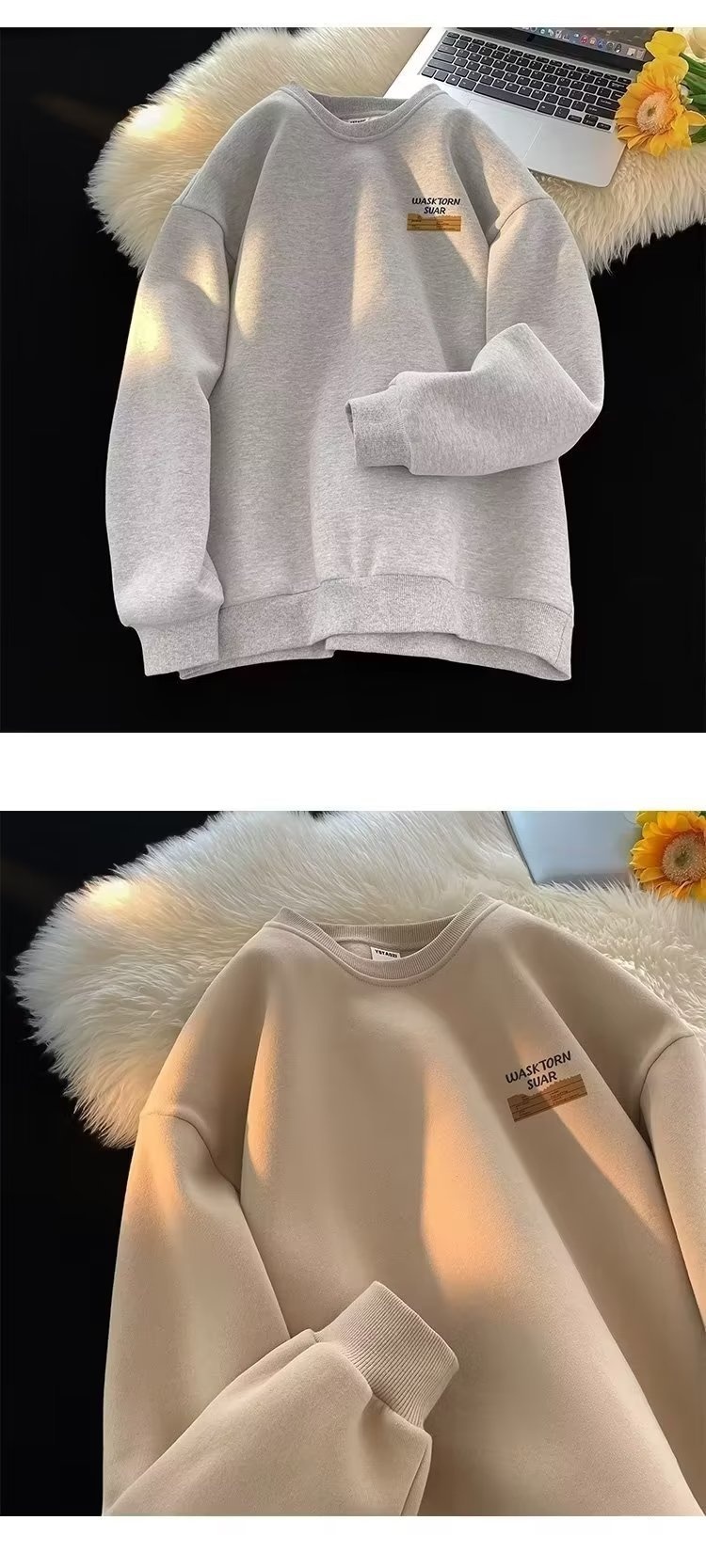 boy Boy 2024 American Style Cool Retro Heavyweight Crew Neck Sweatshirt For Men Autumn Winter Fleece Loose Trendy Brand Handsome_voghion.com