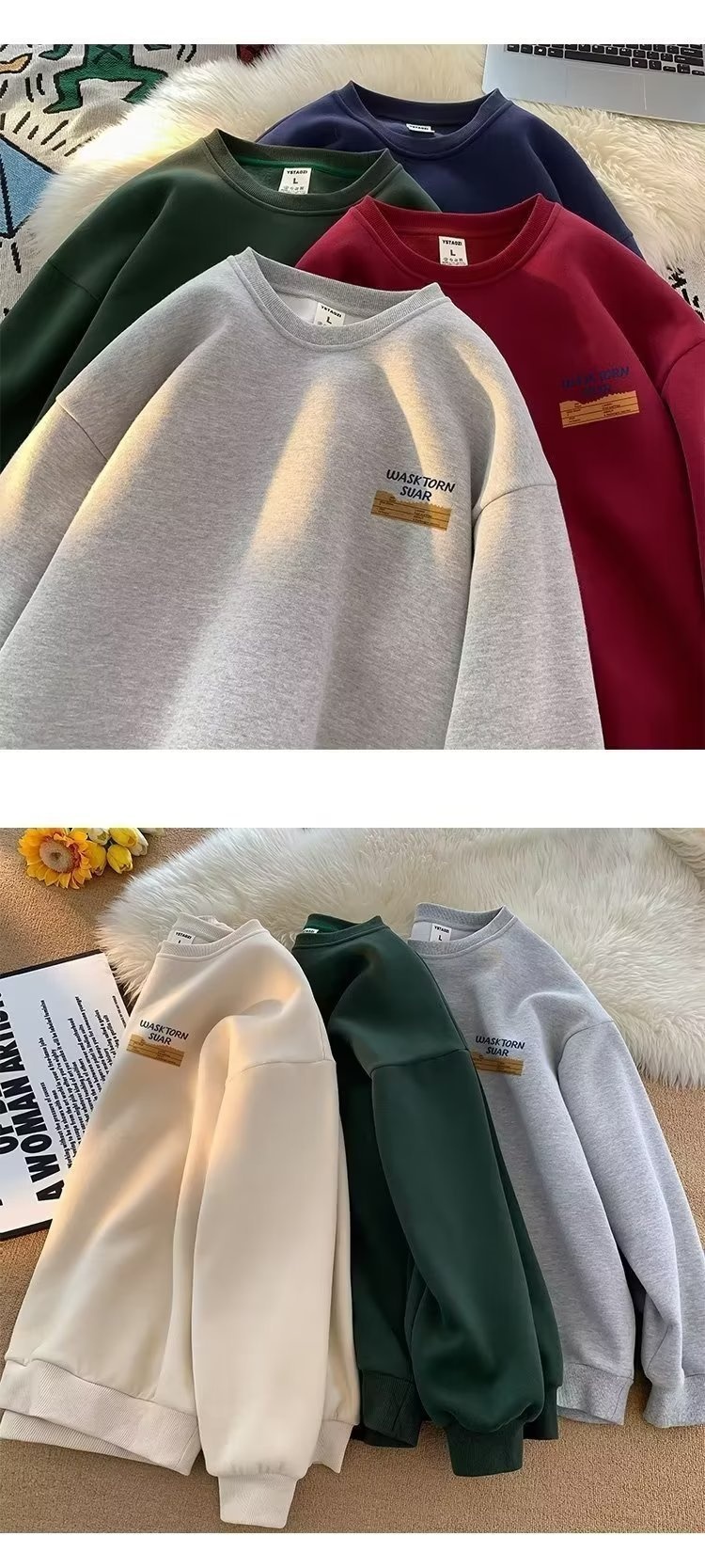 boy Boy 2024 American Style Cool Retro Heavyweight Crew Neck Sweatshirt For Men Autumn Winter Fleece Loose Trendy Brand Handsome_voghion.com