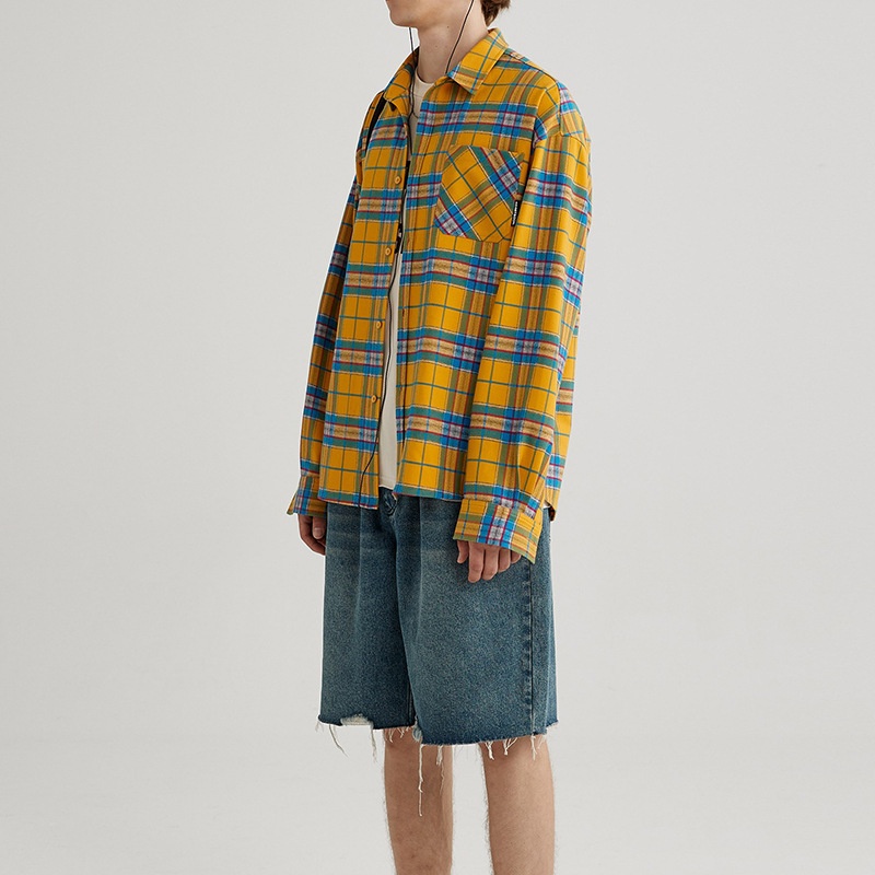 ForMen American Retro Yellow Plaid Shirt For Men, Spring And Autumn Long Sleeve Loose Casual Top With Design Sense_voghion.com