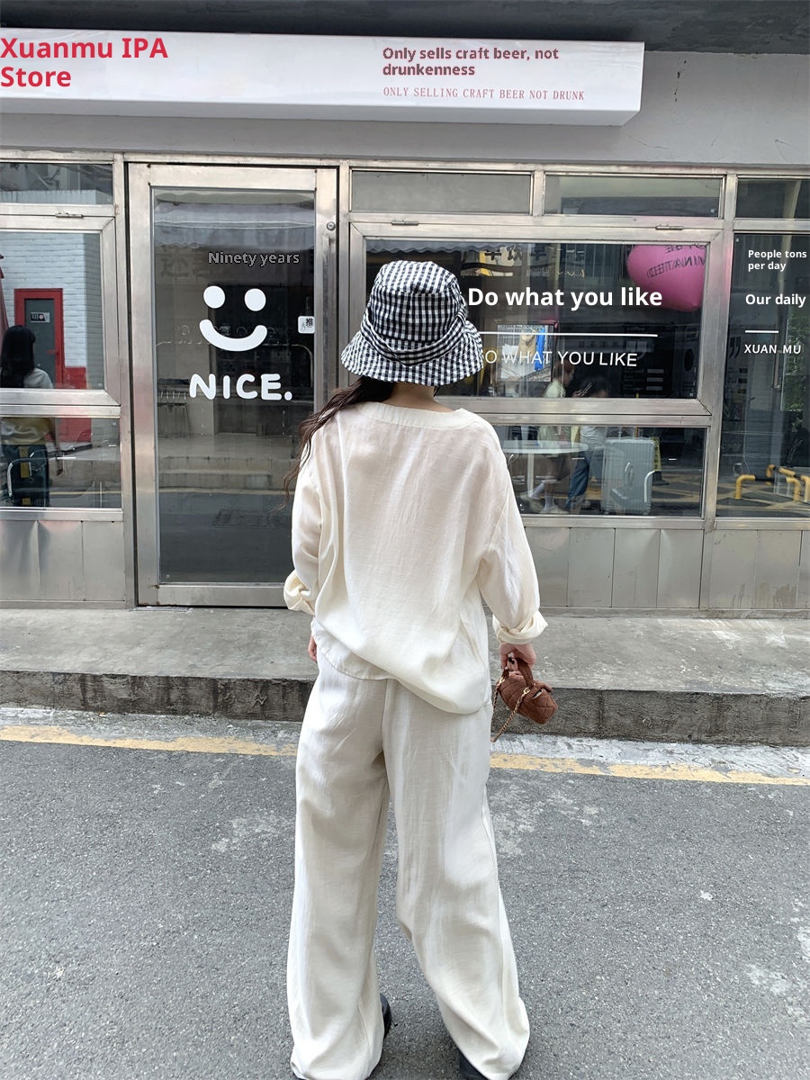 GraceChic 2025 Autunno Donna Stile Lazy Camicia a Maniche Lunghe con Scollo a V e Pantaloni Casual a Vita Alta Set Due Pezzi_voghion.com